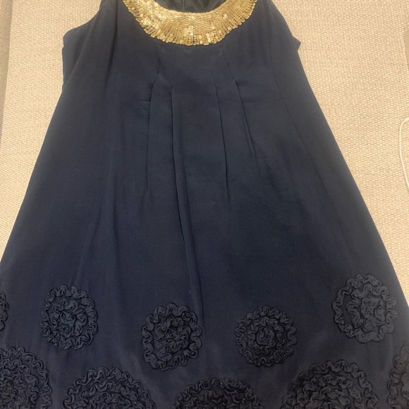 Navy and gold beaded silk dress with rosettes. - Picture 9 of 9